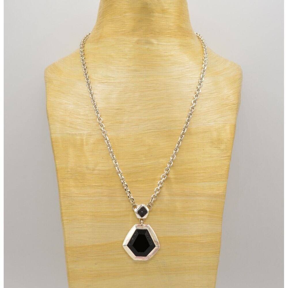 Aigner Vintage Pendant Necklace Black Crystal Silver Tone Chain Signed 90s BinT